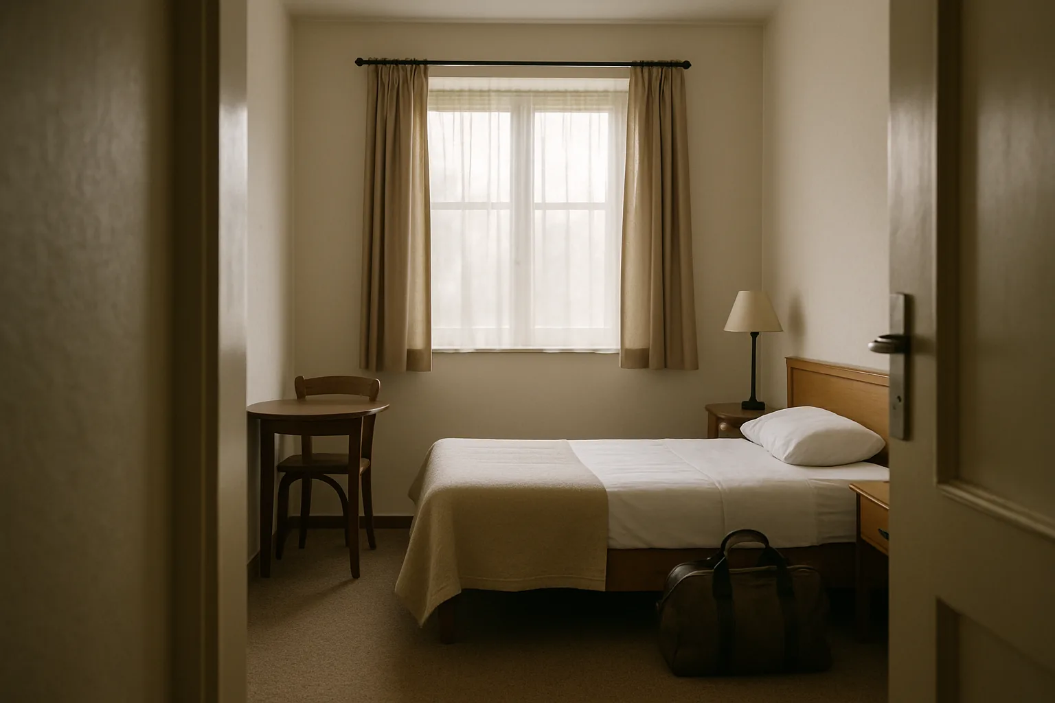 Chambre simple et lumineuse dans un hébergement de voyage économique.