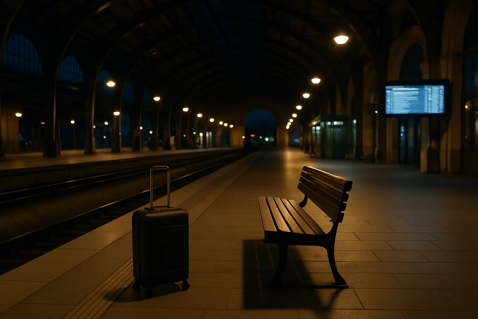 Une valise posée sur un banc dans une gare presque vide en soirée.