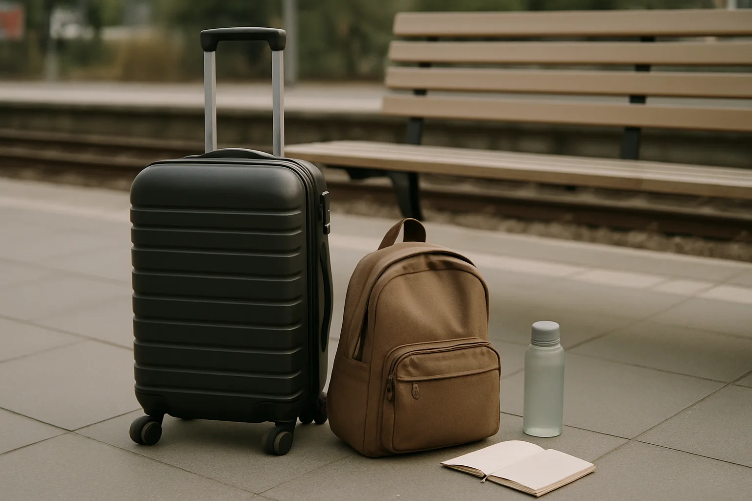 Une petite valise cabine et un sac à dos posés près d’un banc de gare.