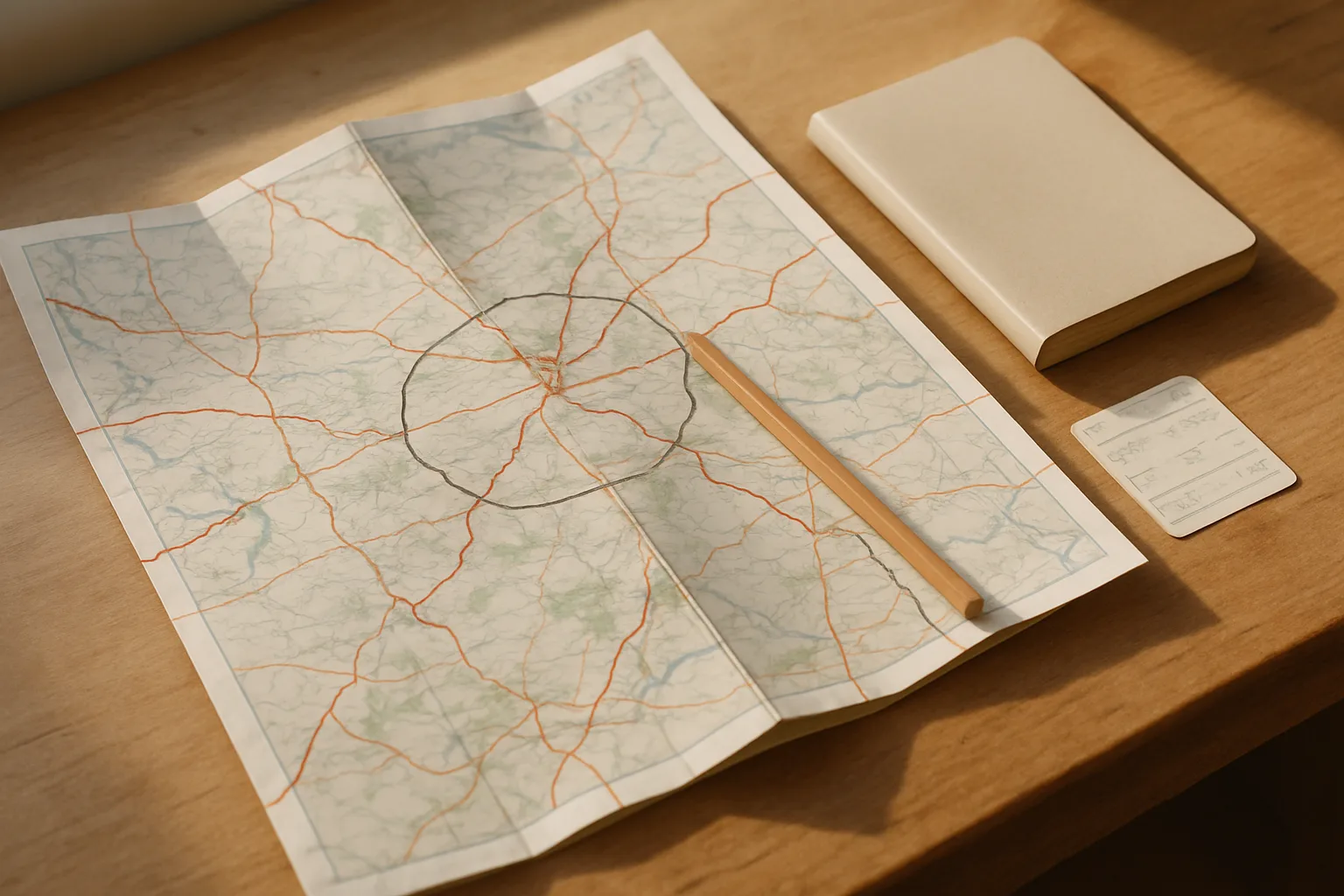 Carte de voyage avec un itinéraire en boucle tracé au crayon entre plusieurs étapes.