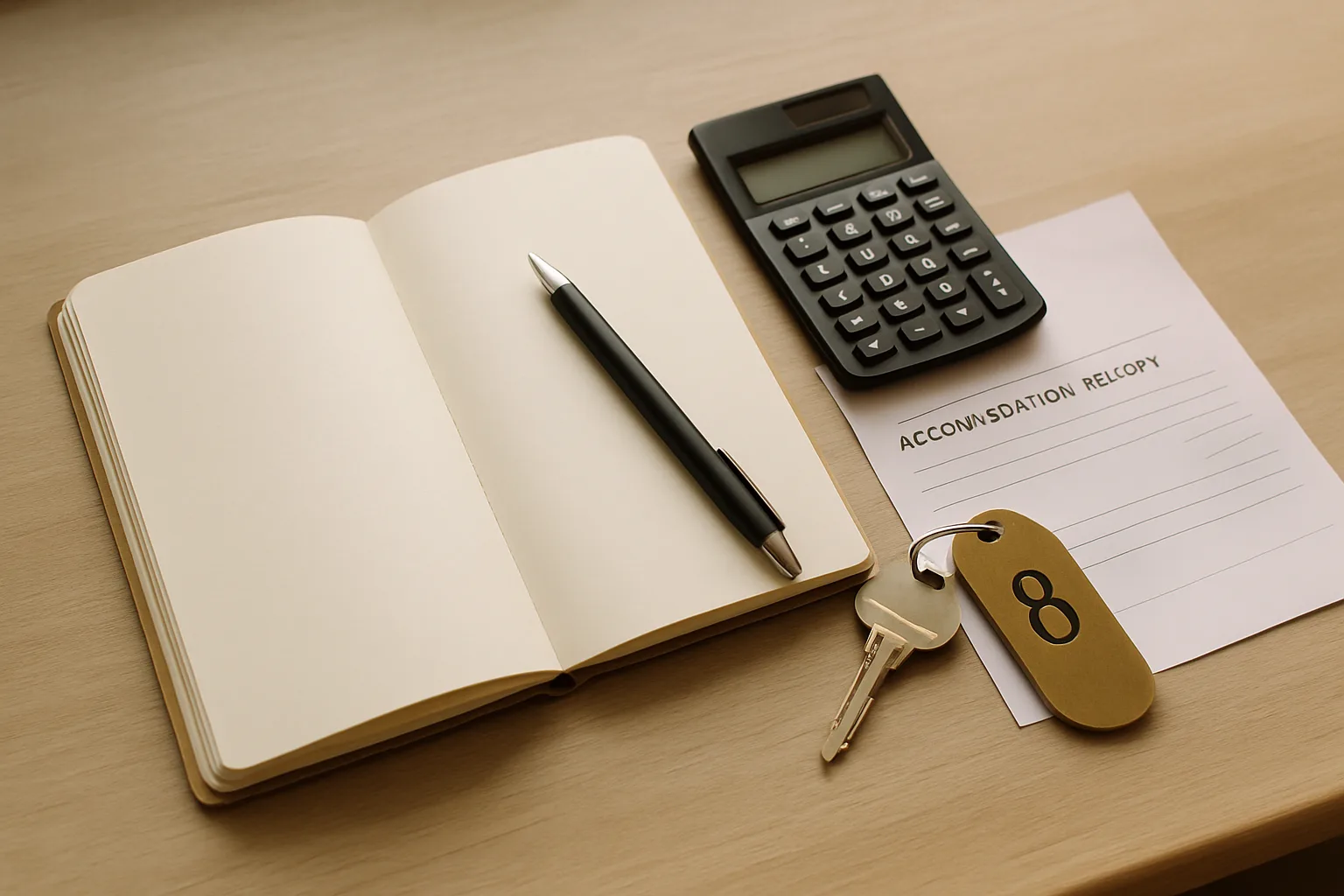 Carnet, calculatrice et reçu de logement posés sur un bureau pour préparer le budget des nuitées.