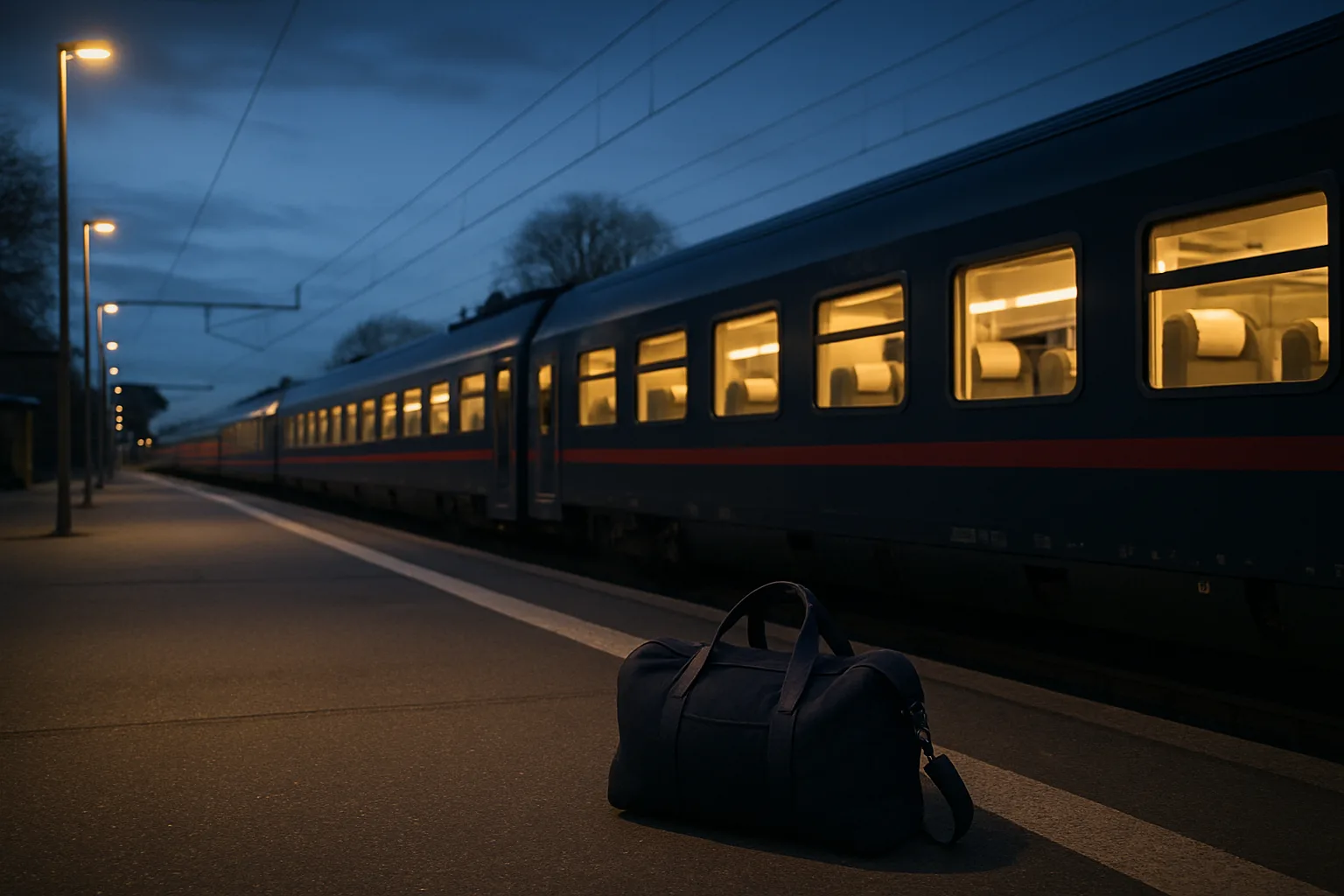 Train de nuit à quai, avec un petit sac de voyage posé au premier plan.