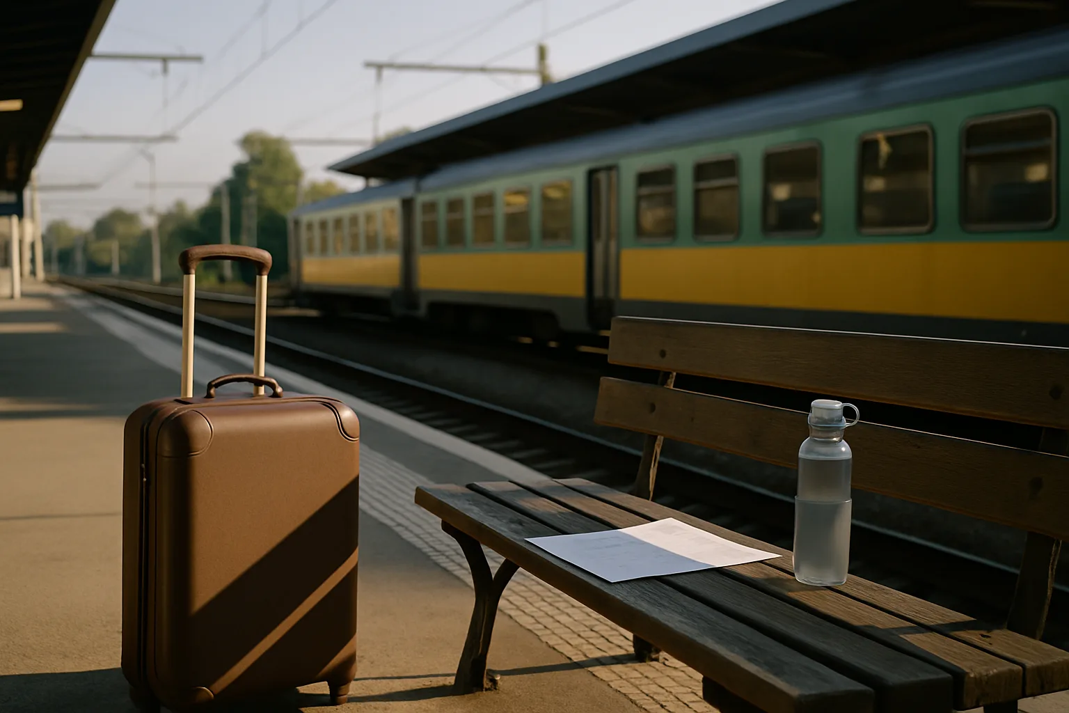 Valise posée sur un banc de gare, avec un train régional à l’arrière-plan.