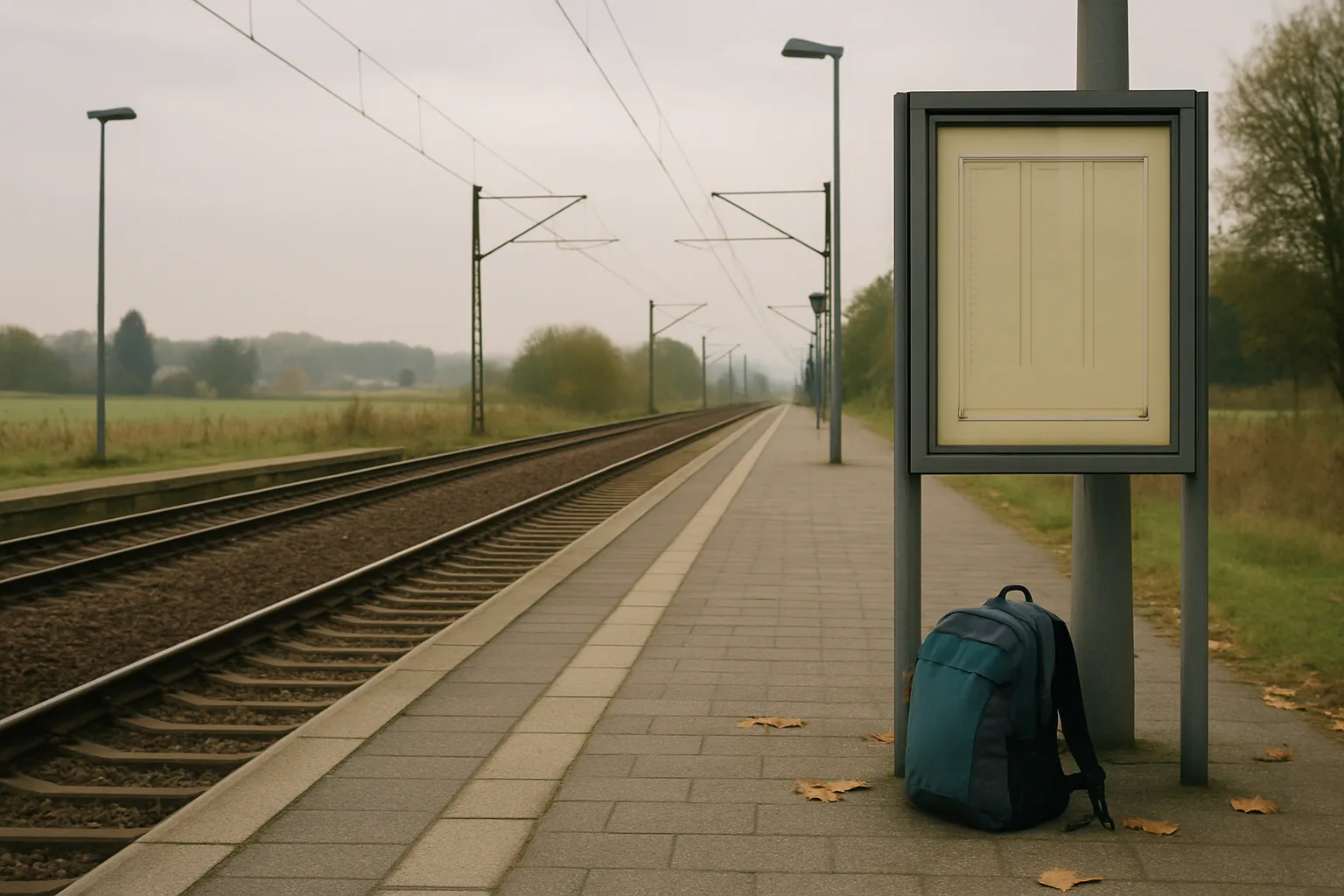 Un sac de voyage posé sur un quai calme à l’automne, face à une voie bordée de campagne.
